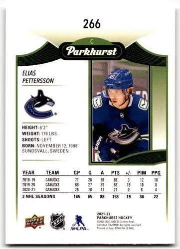 Hockey card from 2021-22 Upper Deck Parkhurst featuring Elias Pettersson Canucks