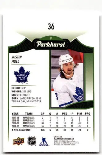 Justin Holl hockey card from 2021-22 Upper Deck Parkhurst featuring Maple Leafs player