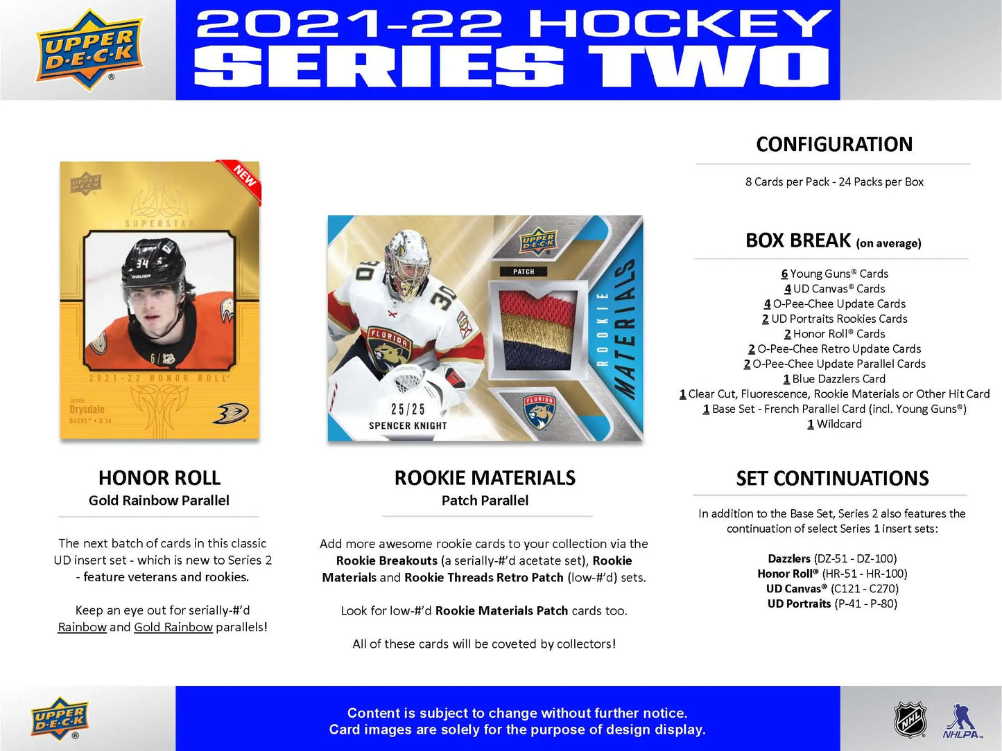 Promotional flyer for 2021-22 Upper Deck Series 2 hockey sealed hobby cards featuring clear cut design