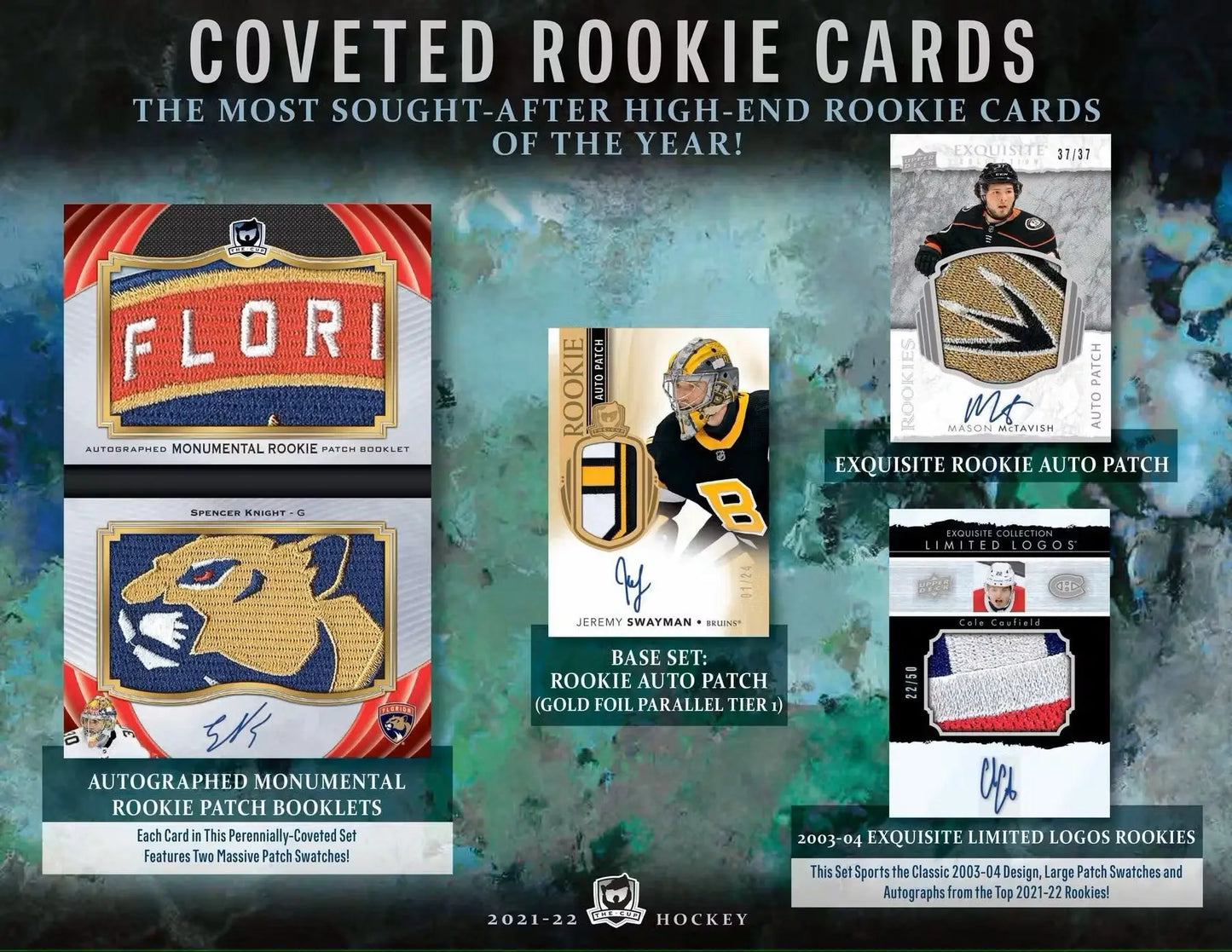 Hockey rookie cards from 2021-22 Upper Deck The Cup high-end base set auto patch foil auto
