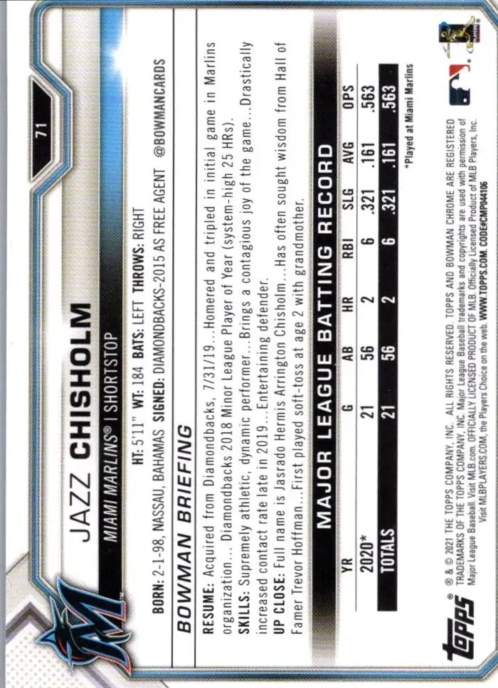 2021 Bowman #71 Jazz Chisholm baseball card for trading card collectors