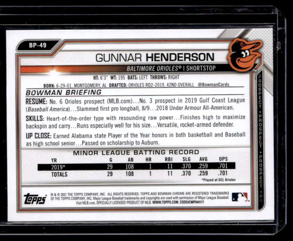 Baseball card of Gunnar Henderson showcasing his minor league stats and scouting report