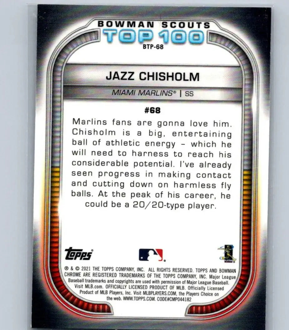 Jazz Chisholm Chrome card from 2021 Bowman Scouts Top 100 series BTP-68