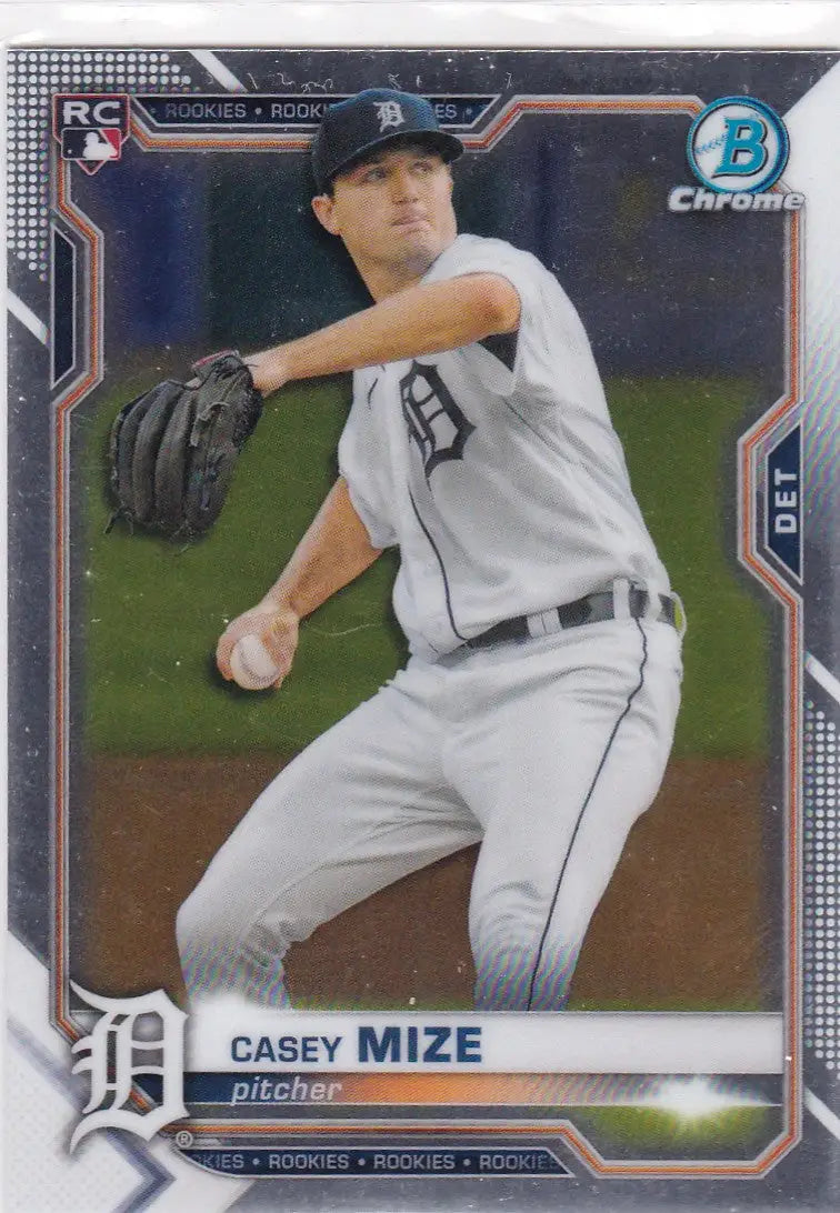 2021 Bowman Chrome Casey Mize RC Detroit Tigers baseball card featuring Mize RC detroit