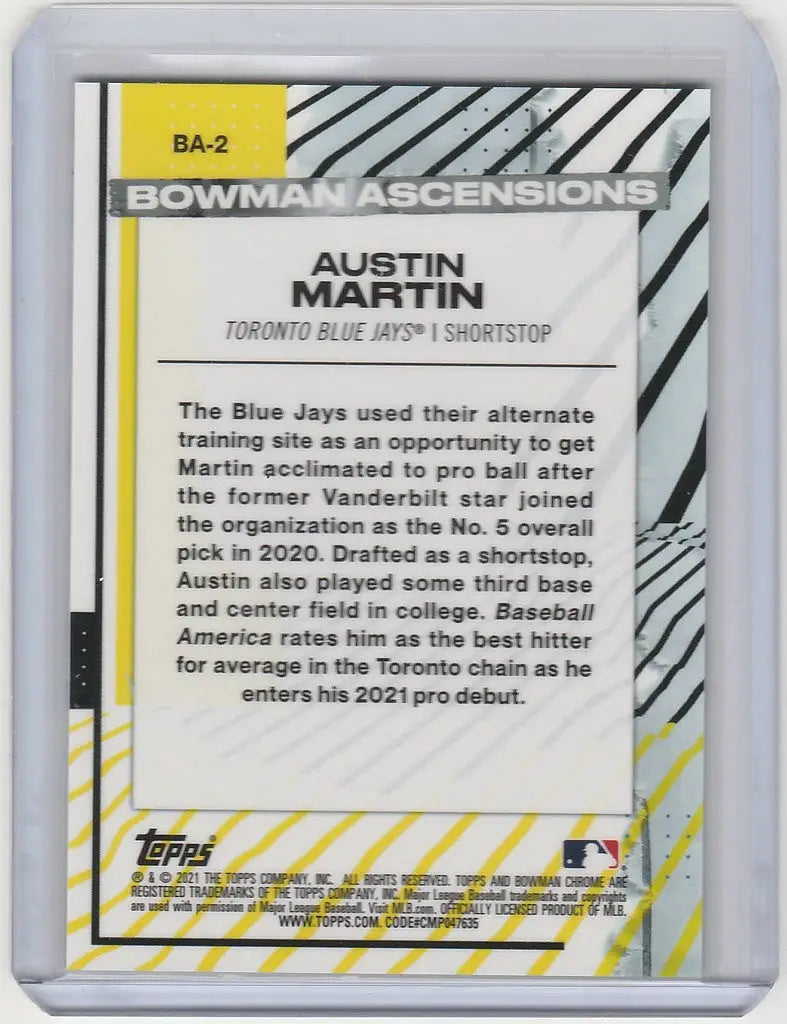 Austin Martin Toronto Blue Jays 2021 Bowman Chrome Ascensions baseball card