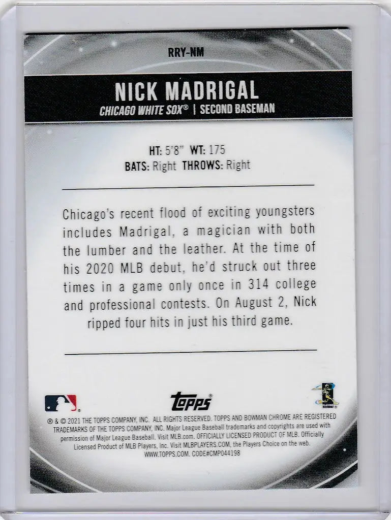 Baseball trading card of Nick Madrigal Chicago White Sox from Bowman Chrome ROY collection