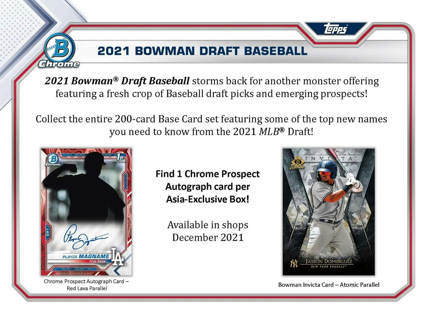 Advertisement card for 2021 Bowman Draft Asia Exclusive Hobby Box featuring MLB Draft autographs
