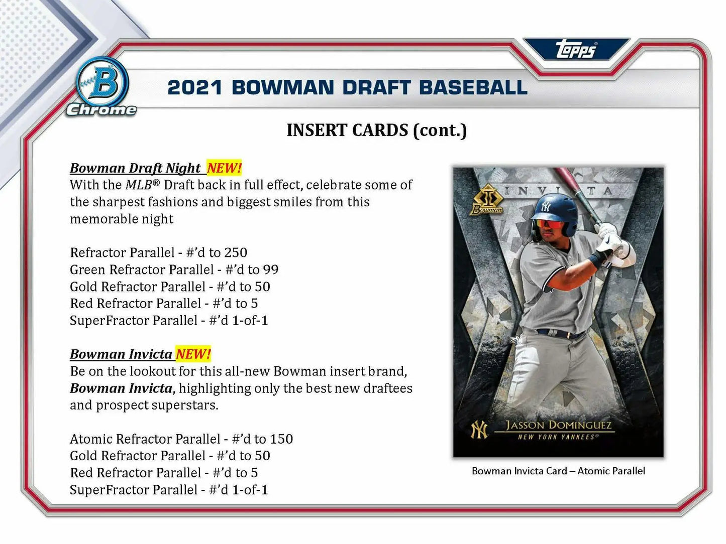 Baseball card product sheet showing insert details from 2021 Bowman Draft Asia Exclusive