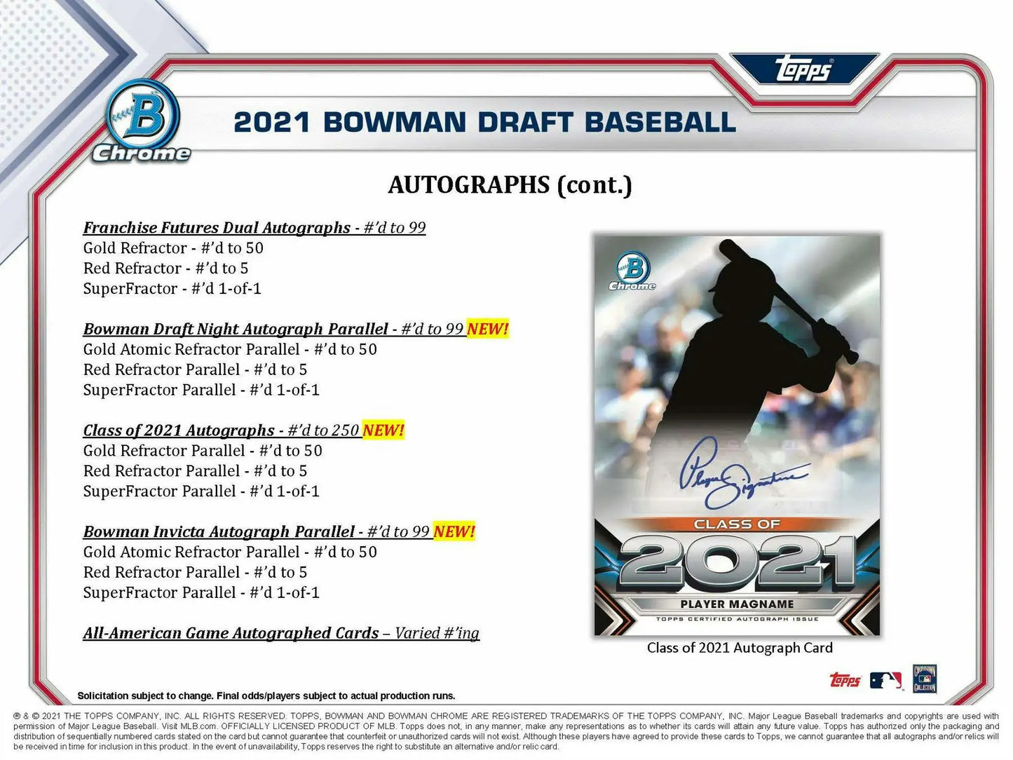 Bowman Draft Baseball card checklist featuring autograph parallel details from Asia Exclusive box
