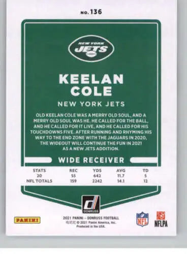 Keelan Cole football card from 2021 Donruss with original gloss finish, NY Jets