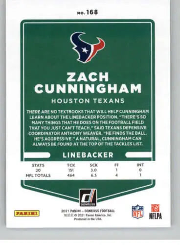 Zach Cunningham football card from 2021 Donruss #168 featuring original gloss condition