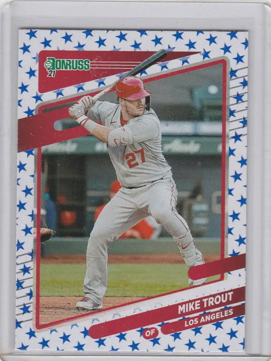 Baseball card of Mike Trout Independence Day for Los Angeles Angels in batting stance