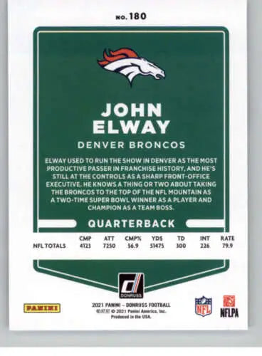 John Elway football card from 2021 Donruss #180 with original gloss featuring Broncos