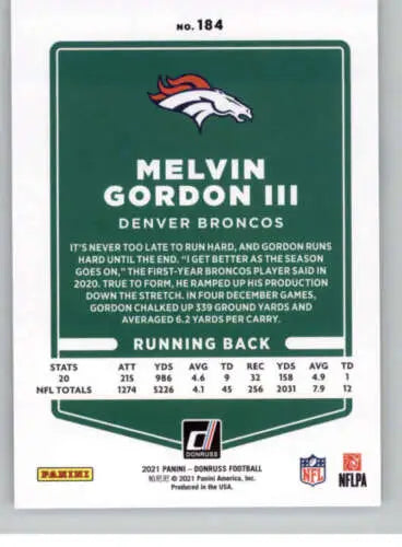 2021 Donruss #184 Melvin Gordon III NM-MT Broncos football card with original gloss