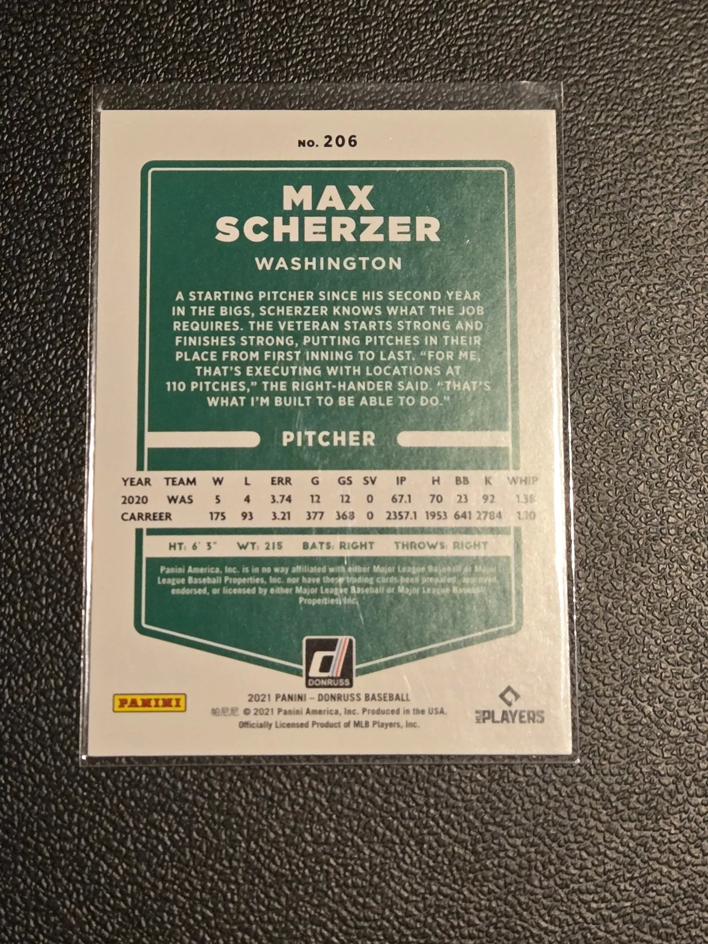 Baseball trading card of Max Scherzer 206b Max Scherzer Holo Orange from 2021 Donruss