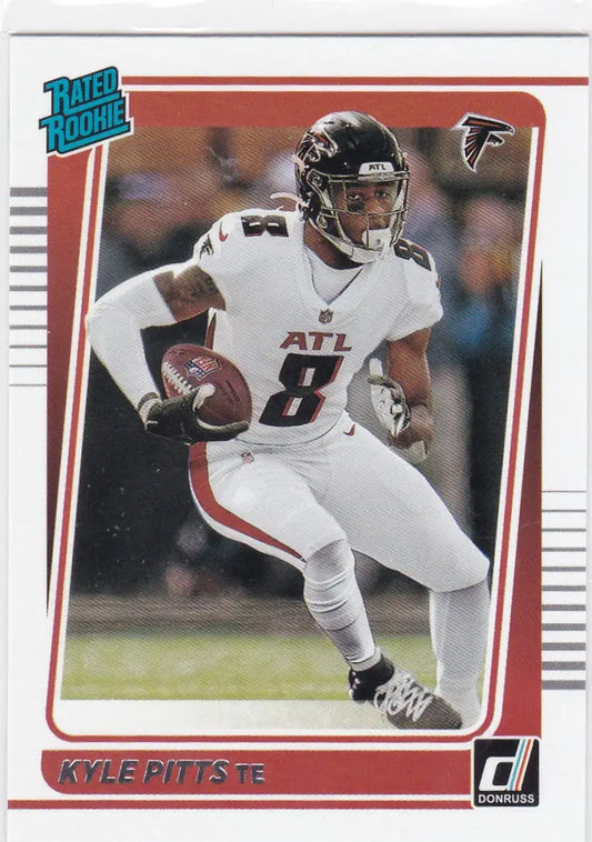 American football trading card of Kyle Pitts rated rookie in white uniform Atlanta Falcons