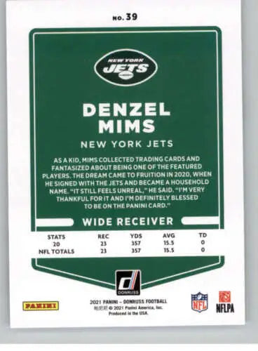 2021 Donruss #39 Denzel Mims NM-MT NY Jets football card with original gloss finish