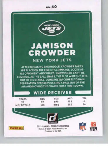 Jamison Crowder football card 2021 Donruss #40 original gloss NY Jets collectible
