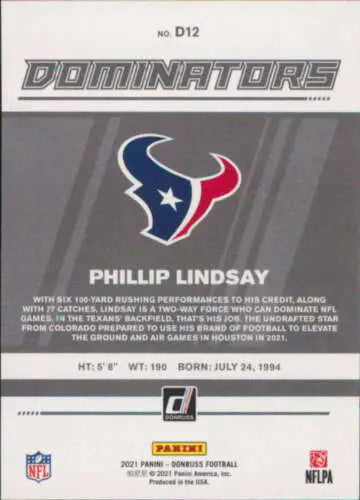 Phillip Lindsay football card from 2021 Donruss Dominators featuring original gloss finish