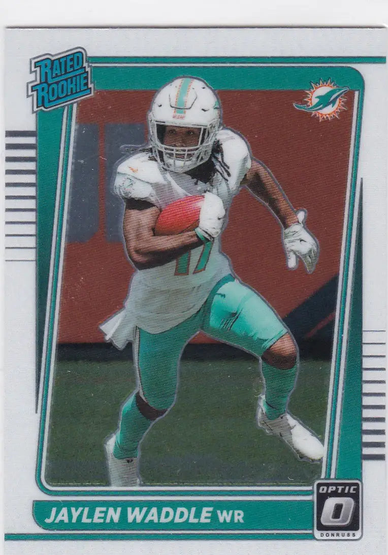 Jaylen Waddle RC Miami Dolphins football trading card from 2021 Donruss Optic series