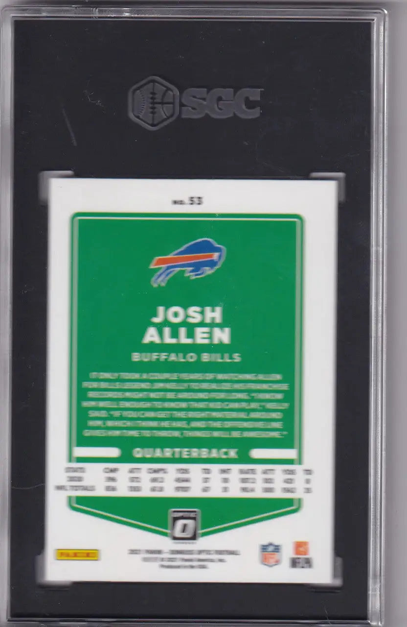 Graded Josh Allen SGC 9 football card from 2021 Donruss Optic for Buffalo Bills fans