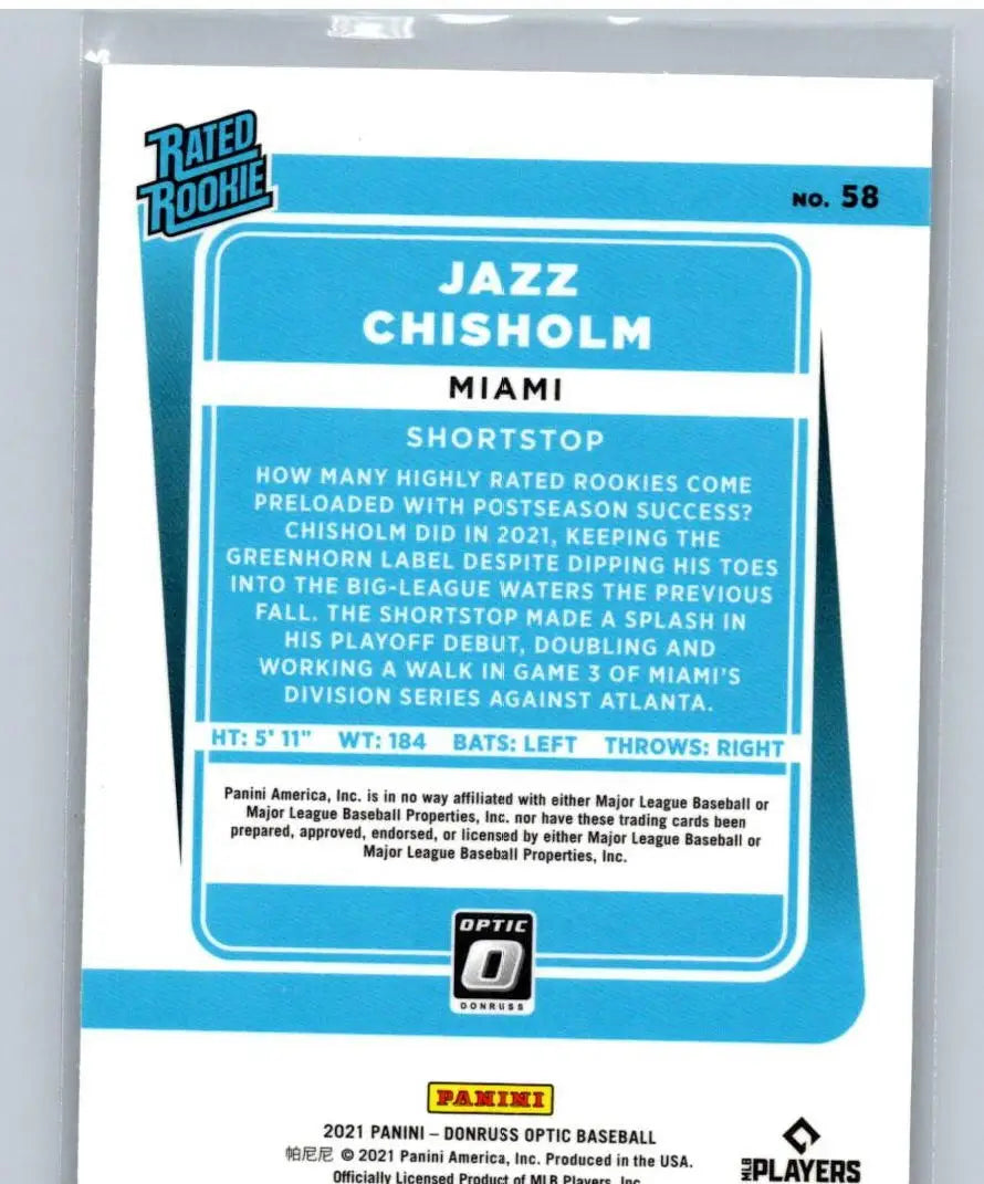 Jazz Chisholm 2021 Donruss Optic #58 trading card showcasing vibrant design and details