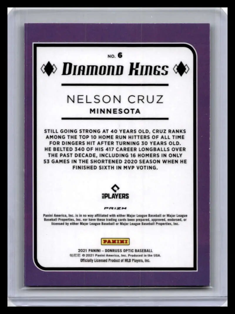 Baseball card of Nelson Cruz from the Minnesota Twins 2021 Donruss Optic Diamond Kings set