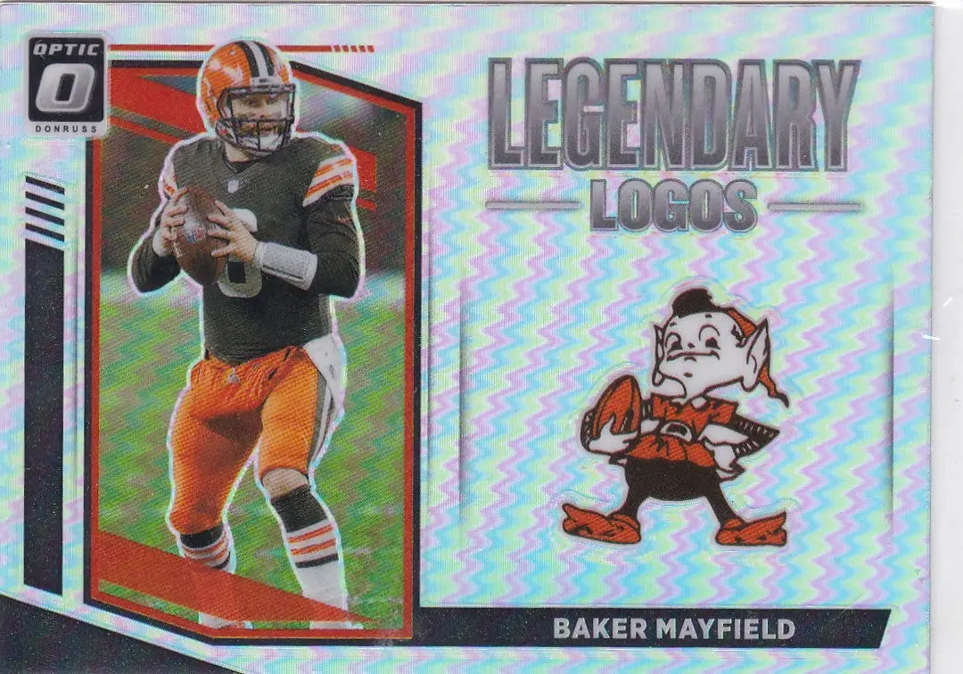 Baker Mayfield legendary logos football trading card with Cleveland Browns Brownie the Elf