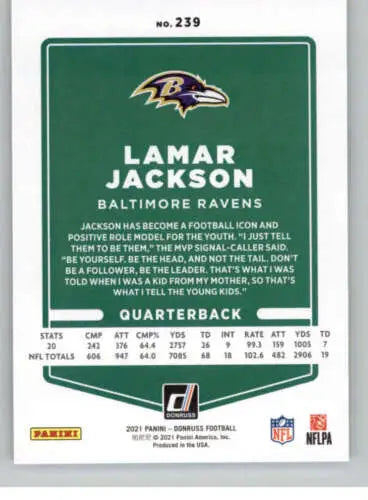 Lamar Jackson 2021 Donruss Photo Variation #239 NM-MT football card with original gloss