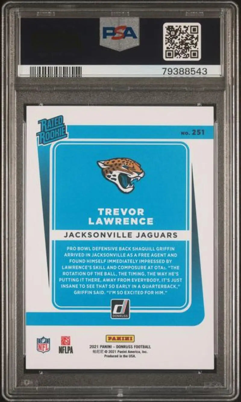 PSA-graded Trevor Lawrence Jacksonville Jaguars Press Proof Premium card on teal background