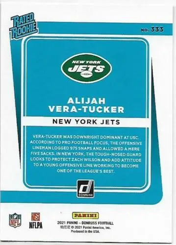 Alijah Vera-Tucker football card featuring original gloss from 2021 Donruss Press Proof Red