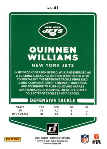 2021 Donruss Press Proof Red Quinnen Williams football card with original gloss NM-MT quality