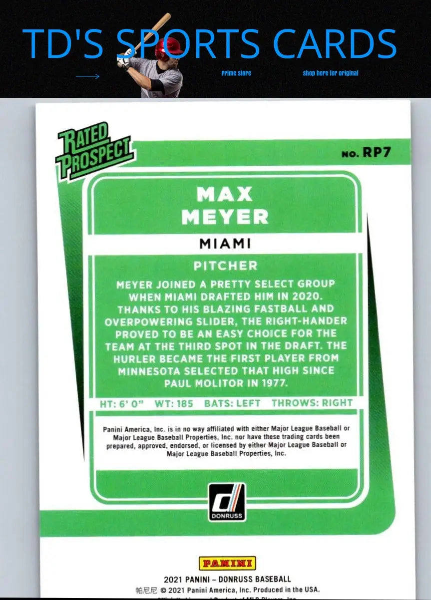 Max Meyer baseball card from 2021 Donruss RP7 Max Meyer Rated Prospects Diamond