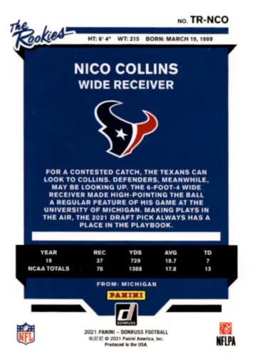 Nico Collins football card 2021 Donruss The Rookies original gloss Texans ID:44436