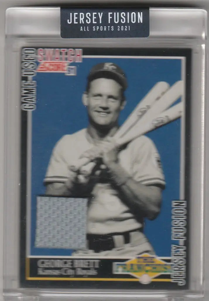Baseball card of George Brettt in white uniform for Jersey Fusion Game used swatch