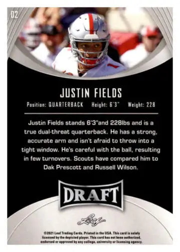 2021 Leaf Draft #2 Justin Fields football card with original gloss in near mint condition