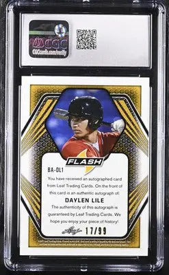 Autographed baseball card of Daylen Lile from 2021 Leaf Flash featuring Navy Autographs CGC 10