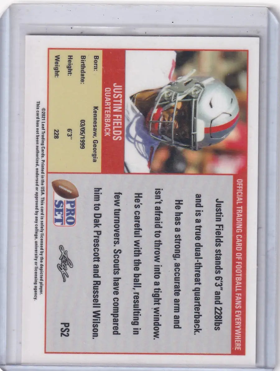 2021 Leaf Proset PS2 Justin Fields football trading card in protective sleeve