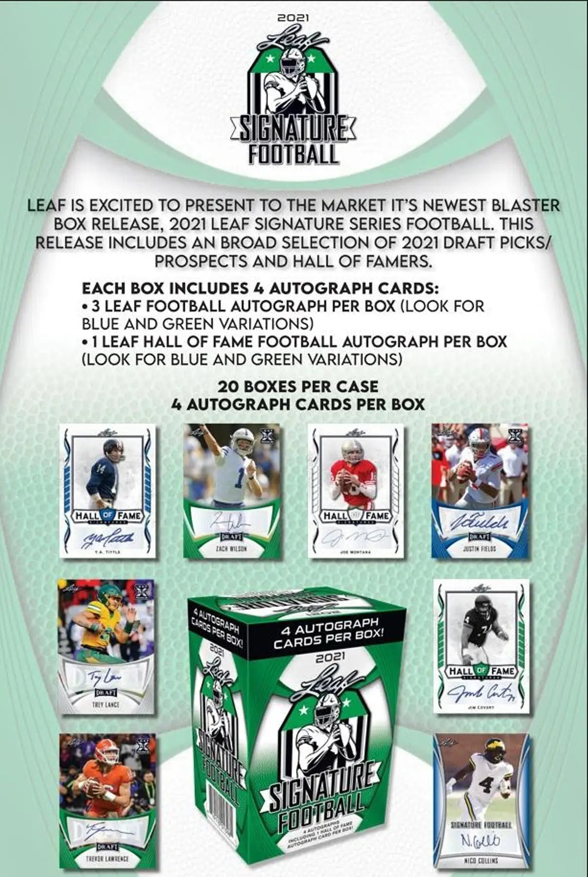 Advertisement for 2021 Leaf Signature Football Blaster Box with autographed football cards