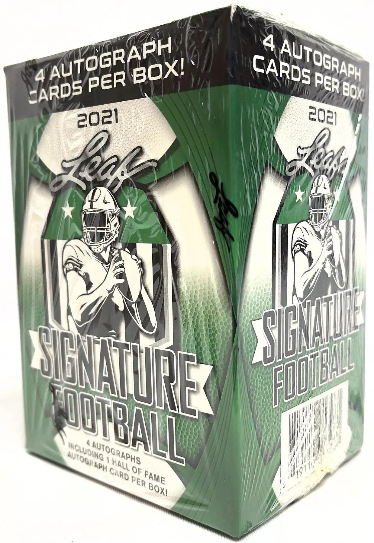 Green and white Leaf Signature Football Blaster Box with player silhouette for football cards