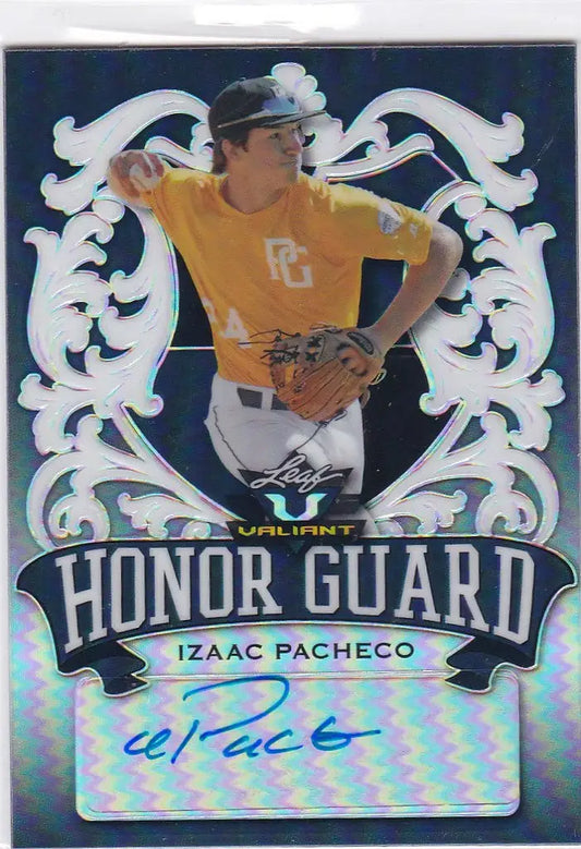 Baseball trading card of Izaac Pacheco Auto from 2021 Leaf Valiant Honor Guard series