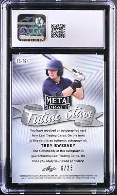 Autographed 2021 Metal Draft Trey Sweeney baseball card featuring purple rainbow auto