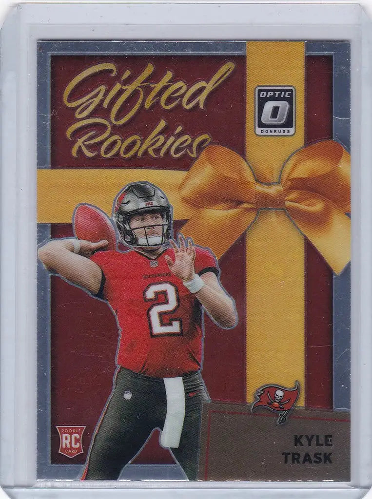 Football trading card of Kyle Trask, a Tampa Bay Buccaneers quarterback in throwing stance