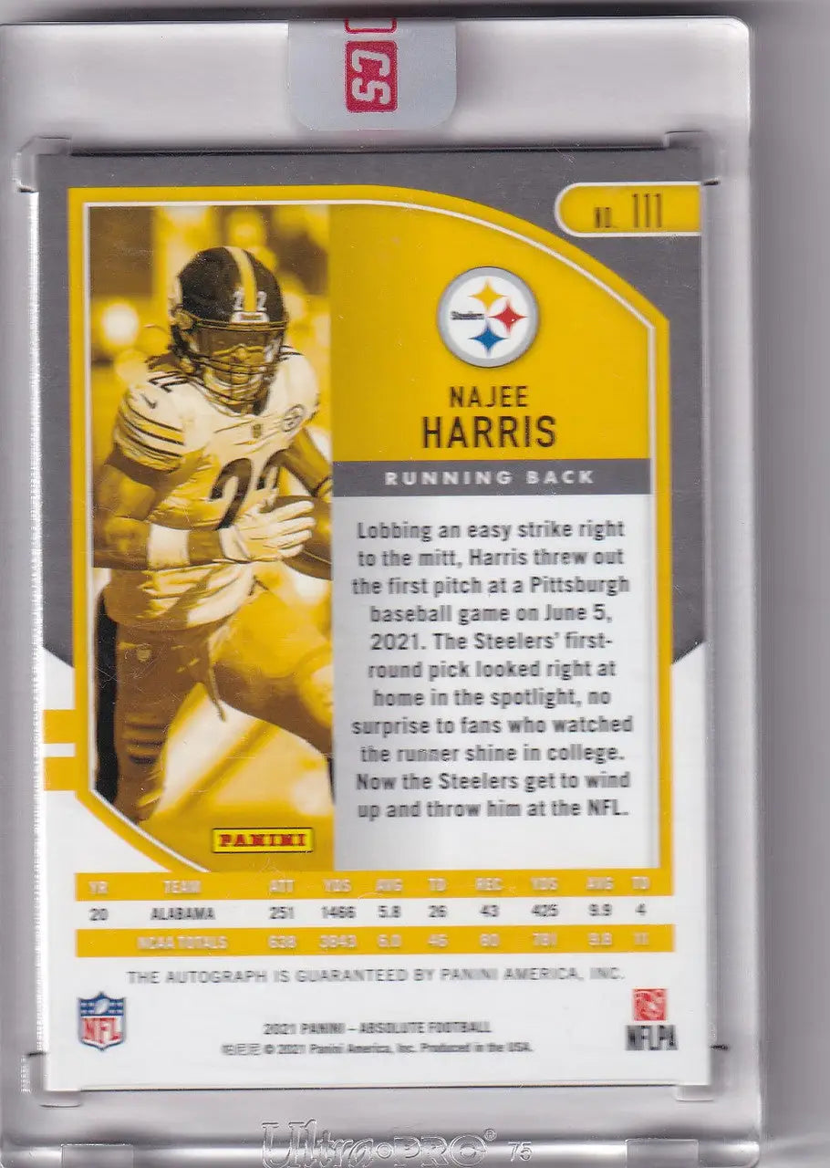 Football trading card of Najee Harris from Panini Absolute Auto 2021 featuring stats