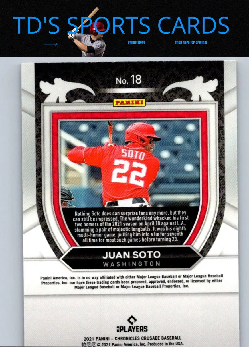 Juan Soto baseball card from 2021 Panini Chronicles Juan Soto Crusade set