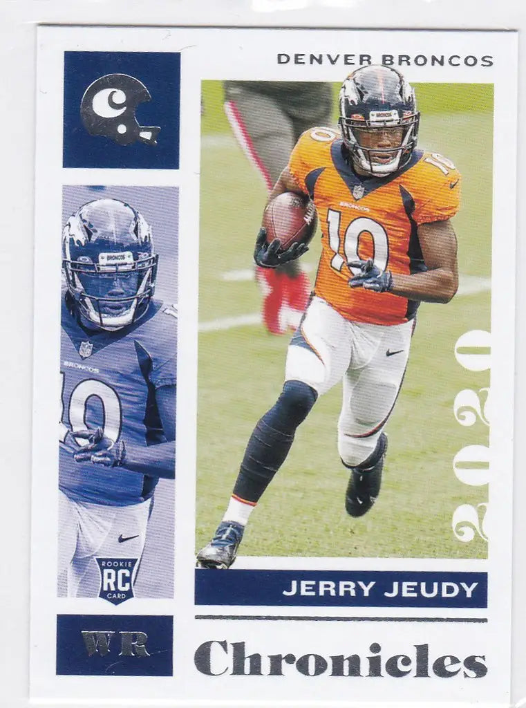 Football trading card of Jerry Juedy RC in orange jersey for Panini Chronicles Denver Broncos
