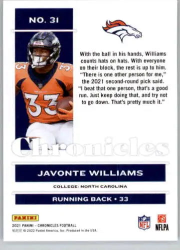 Javonte Williams football card from 2021 Panini Chronicles with original gloss finish