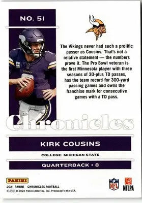 Kirk Cousins football trading card from 2021 Panini Chronicles series