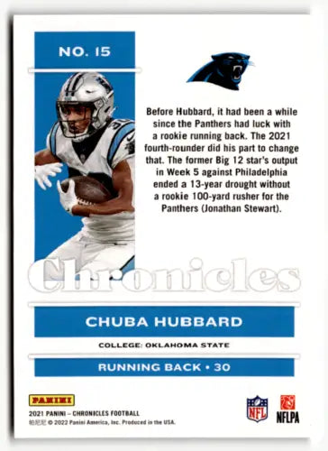 Chuba Hubbard football card from 2021 Panini Chronicles Pink with original gloss finish