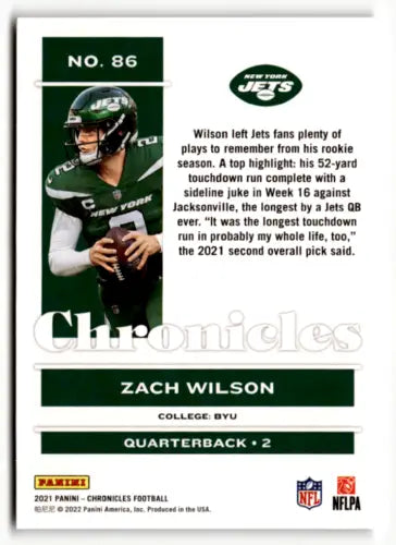 Zach Wilson football card from 2021 Panini Chronicles Pink, NM-MT condition